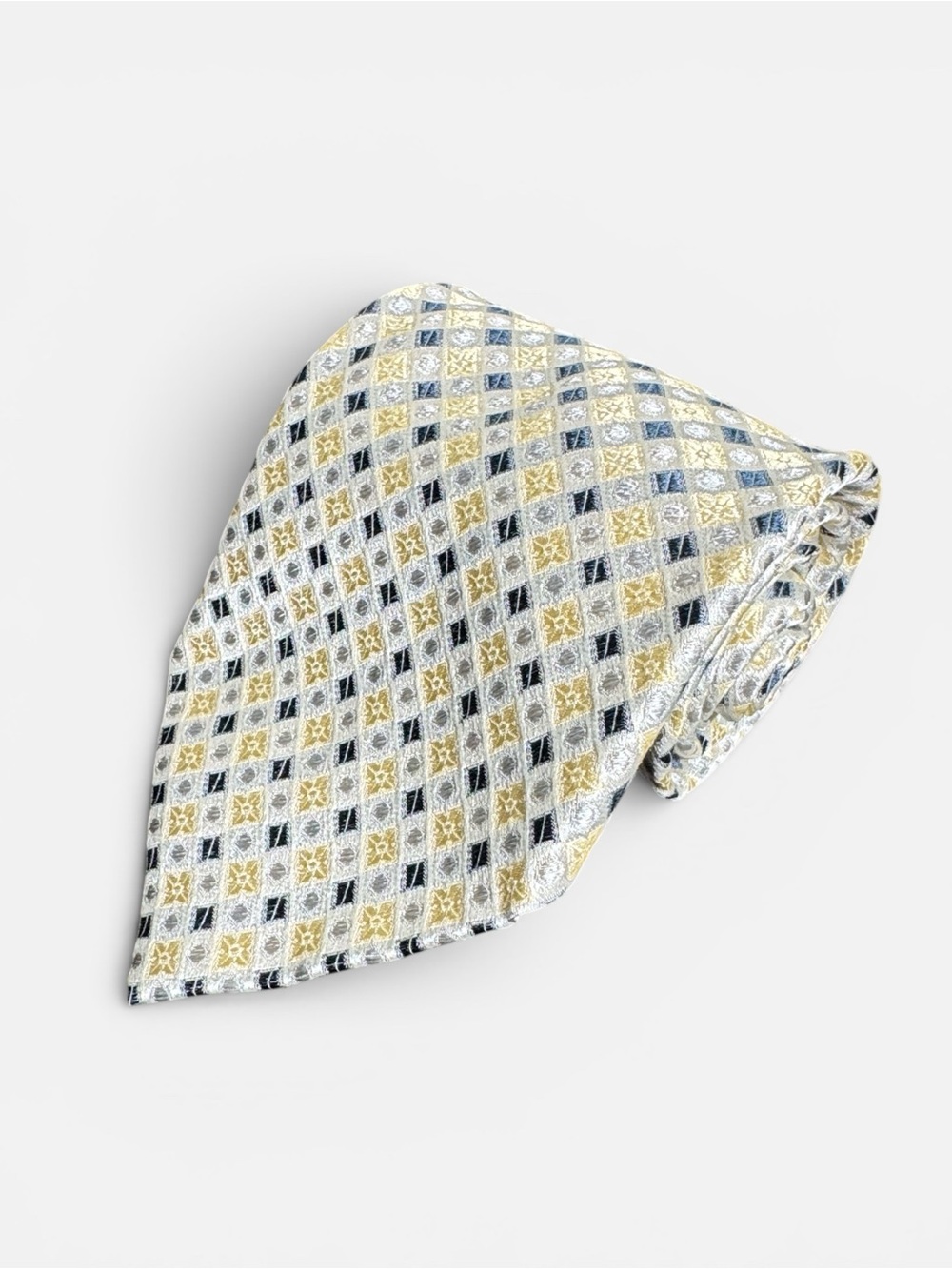 Bernini Beverly Hills men’s silver gold geometric 100% silk luxury neck tie EUC